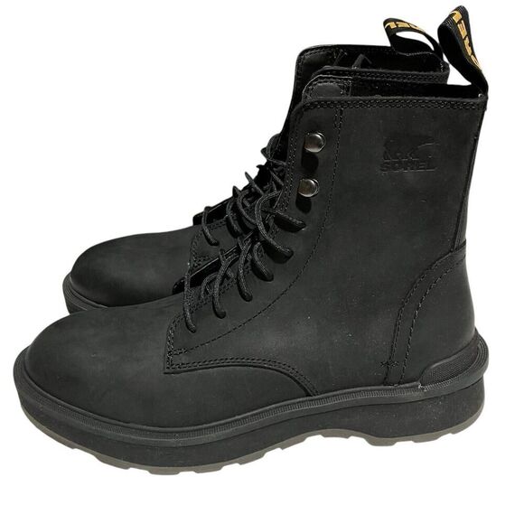 Sorel Boots Womens 7.5 Hi-Line Jet Black Leather Waterproof Lace Up Combat Biker - Picture 6 of 10